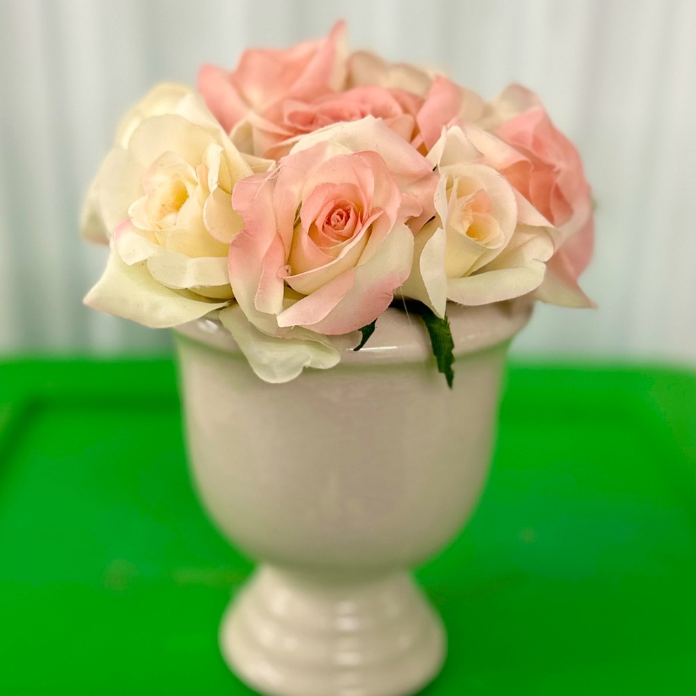 Shabby chic decorative roses with ceramic vase